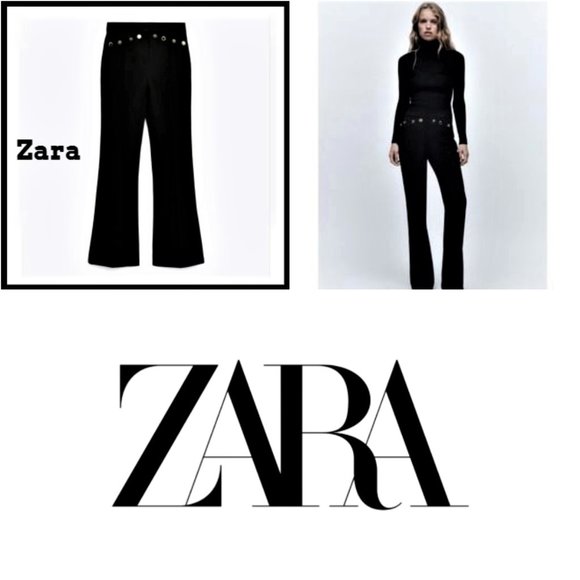 Nwt Zara Gold Metal Cresent Button black flared pant LRG MSRP $140 BLOGGERS FAV - Picture 3 of 6